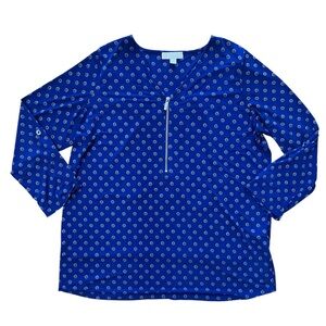 Michael Kors Half Zip Royal Blue Monogram Stretchy Casual Patterned Blouse